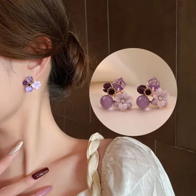 Delicate Retro Purple Crystal Flower Earrings